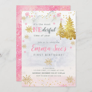 Pink Snowflake ONEderful Time of Year Birthday Invitation