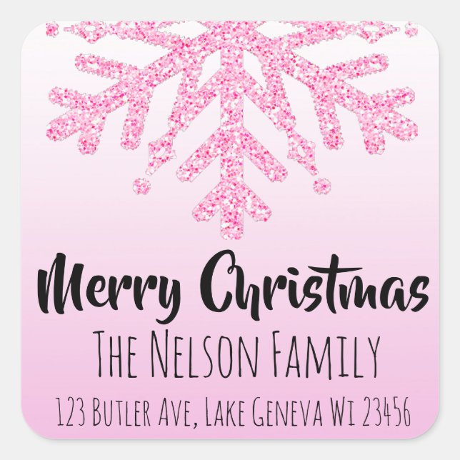Pink Snowflake Personalised Christmas Square Sticker (Front)