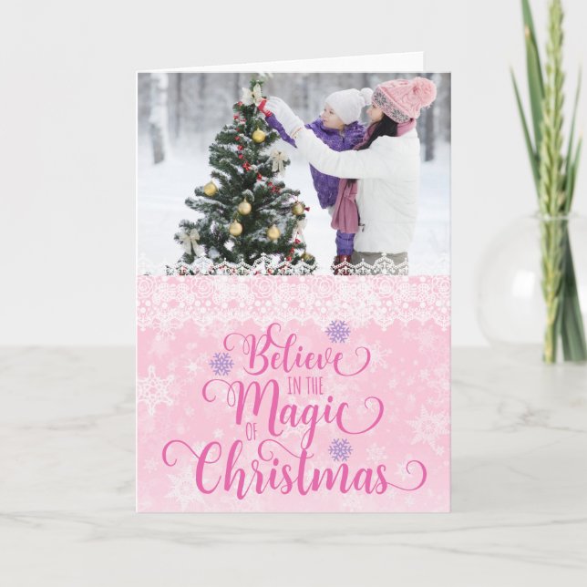 Pink Snowflake Photo Christmas Card (Front)