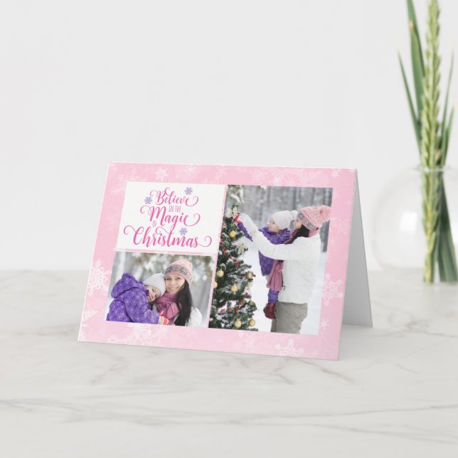 Pink Snowflake Photo Christmas Card (Front)