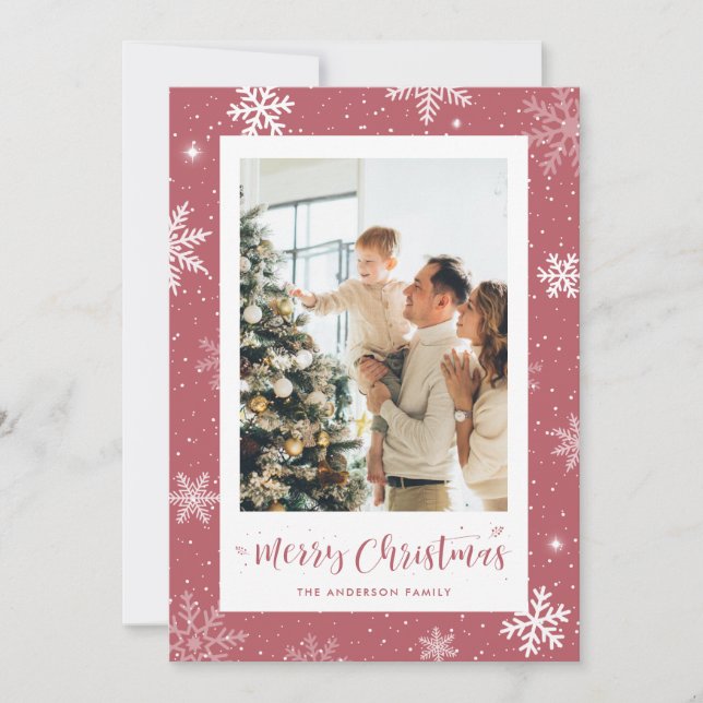 Pink Snowflake Photo Christmas Card (Front)
