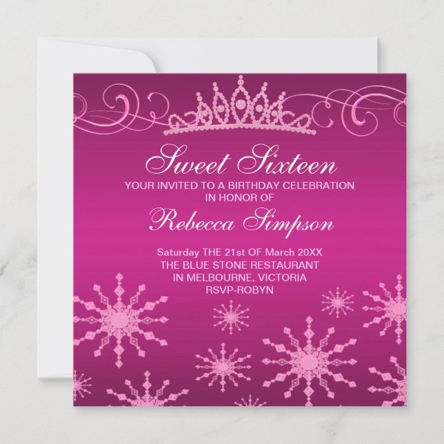 Pink Snowflake & Tiara Design Birthday Invitation (Front)