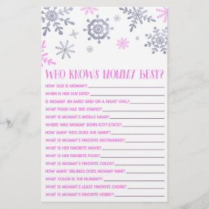 Pink Snowflake Who Knows Mummy Baby Shower Game Stationery