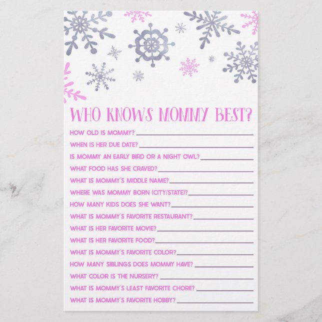 Pink Snowflake Who Knows Mummy Baby Shower Game Stationery (Front)