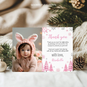Pink Snowflake Winter Birthday Photo  Thank You Card