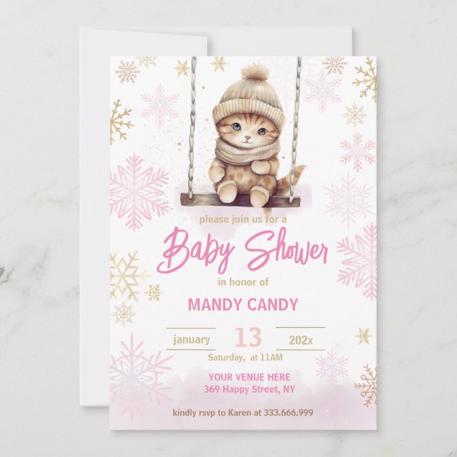 Pink Snowflake Winter Girl Baby Shower Invitation (Front)
