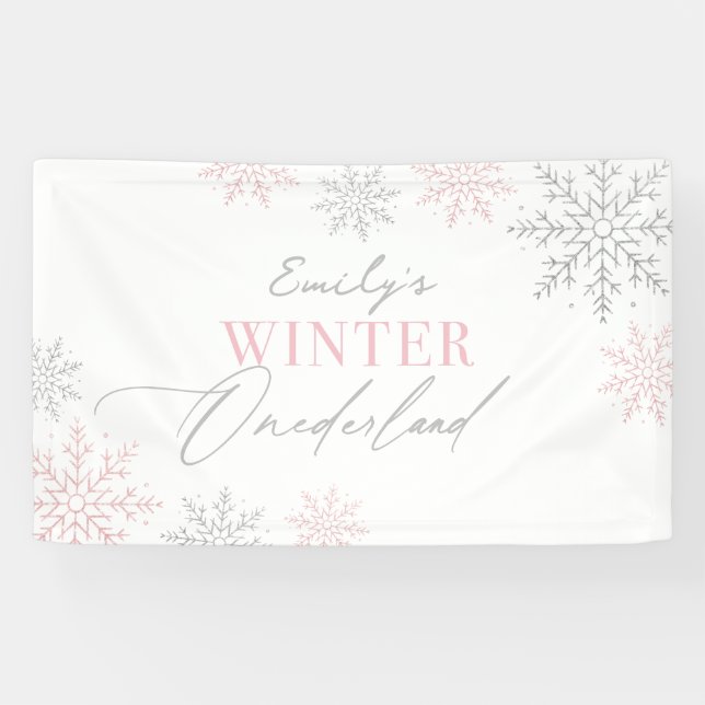 Pink Snowflake Winter Onederland 1st Birthday Banner (Horizontal)