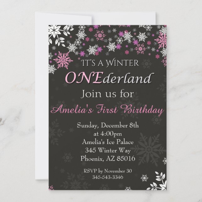 Pink Snowflake Winter ONEderland Girl Birthday Invitation (Front)