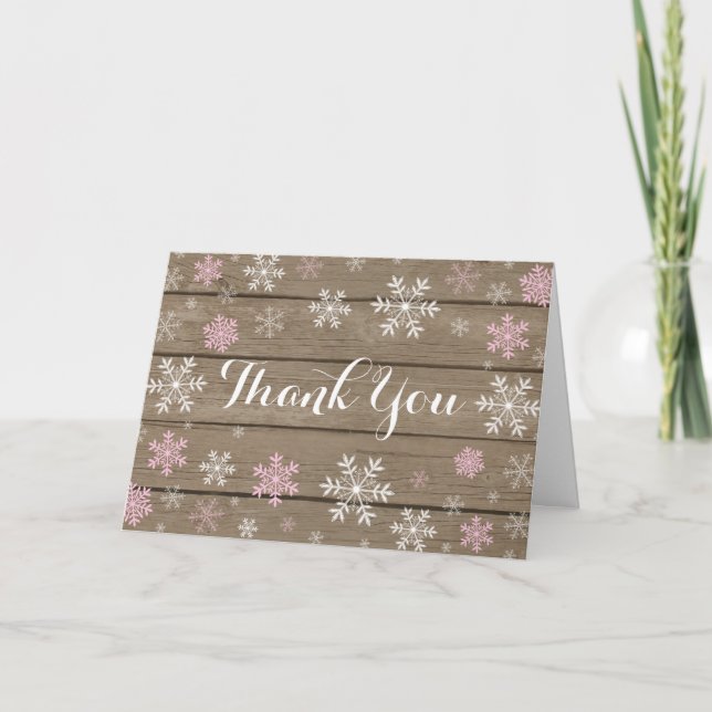 Pink Snowflake Winter Rustic Folded Thank You Card (Front)
