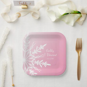 Pink Snowflake Winter Wedding Paper Plate