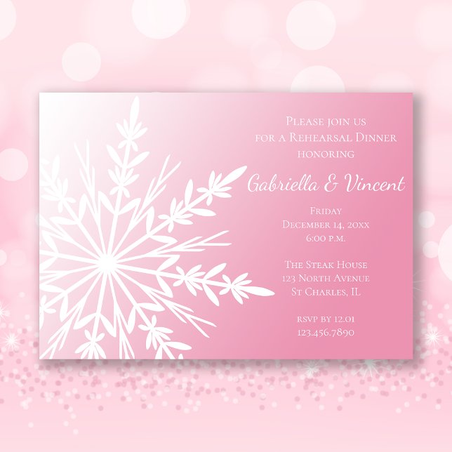 Pink Snowflake Winter Wedding Rehearsal Dinner Invitation (Creator Uploaded)