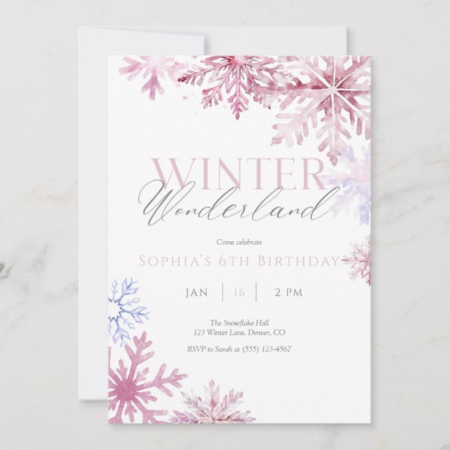 Pink Snowflake Winter Wonderland Birthday Invite (Front)