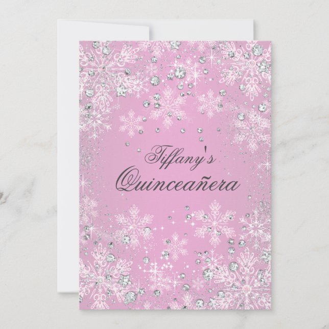Pink Snowflake Winter Wonderland Quinceanera Invitation (Front)