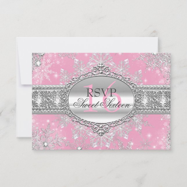 Pink Snowflake Winter Wonderland Sweet 16 RSVP (Front)