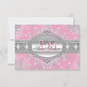 Pink Snowflake Winter Wonderland Sweet 16 RSVP Card