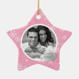 Pink Snowflakes and Dog Tags Photo Ceramic Tree Decoration