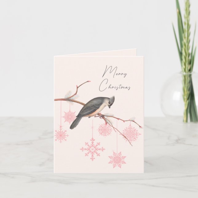 Pink Snowflakes and Grey Songbird Holiday Card (Front)