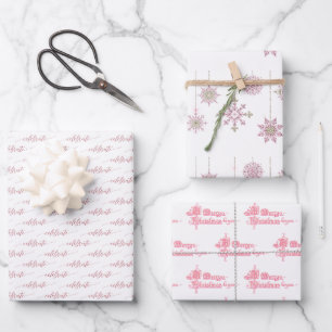 Pink Snowflakes and Holiday Script on White Wrapping Paper Sheet