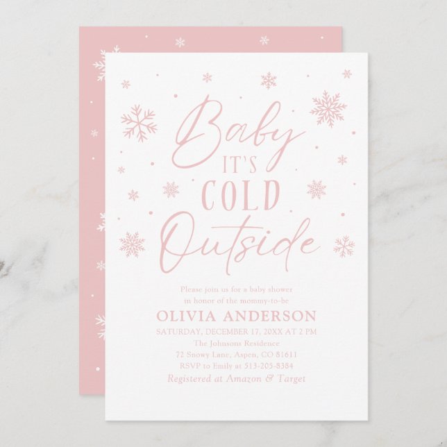Pink Snowflakes Baby It's Cold Outside Baby Shower Invitation (Front/Back)