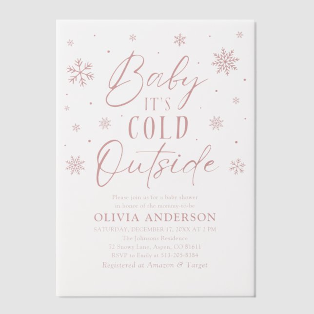 Pink Snowflakes Baby It's Cold Outside Baby Shower Vellum Invitations (Front)