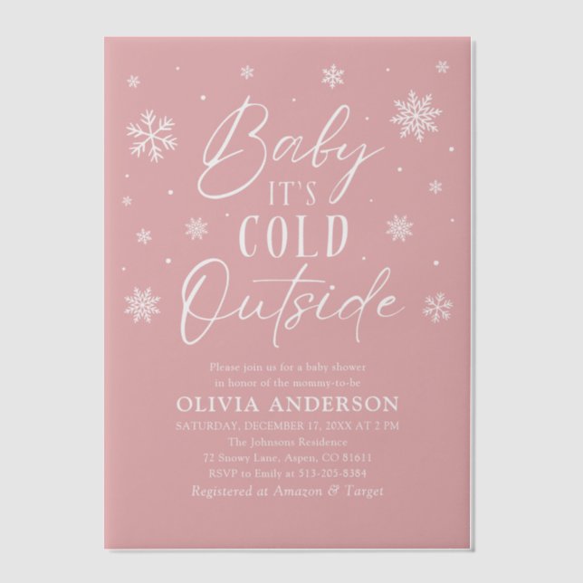 Pink Snowflakes Baby It's Cold Outside Baby Shower Vellum Invitations (Front)