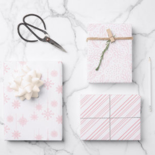 Pink Snowflakes, Berries and Stripes Christmas Wrapping Paper Sheet