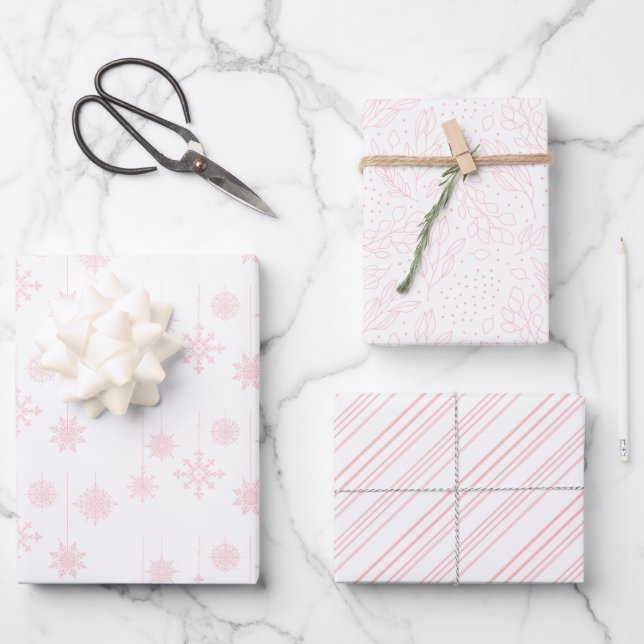 Pink Snowflakes, Berries and Stripes Christmas Wrapping Paper Sheet (Front)