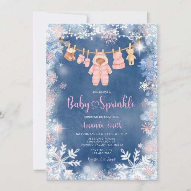 Pink Snowflakes Blue Winter Girl Baby Sprinkle Invitation (Front)