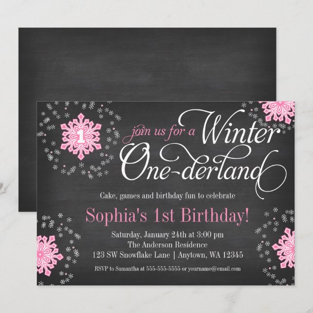 Pink Snowflakes Chalkboard Winter Onederland Invitation (Front/Back)