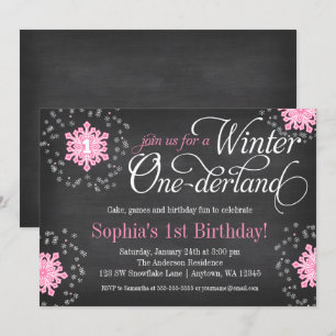 Pink Snowflakes Chalkboard Winter Onederland Invitation