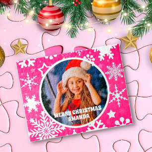 Pink Snowflakes Christmas Personalised Kids Photo Jigsaw Puzzle