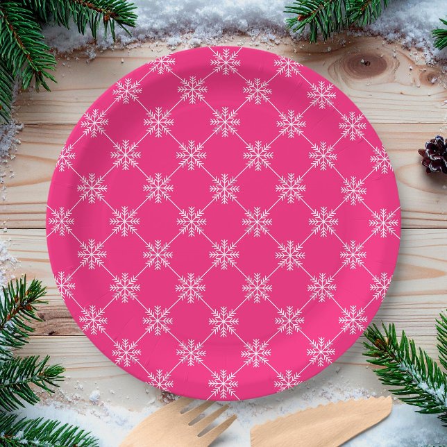 Pink Snowflakes Diagonal Square Pattern Paper Plate (Creator Uploaded)