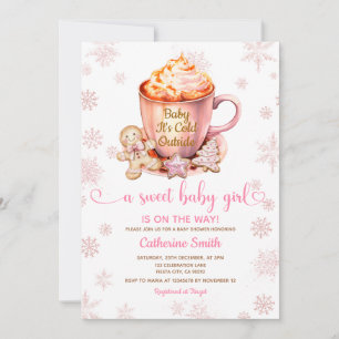 Pink Snowflakes Gingerbread Christmas Baby Shower Invitation
