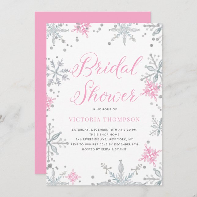 Pink Snowflakes Glitter Winter Bridal Shower Invitation (Front/Back)