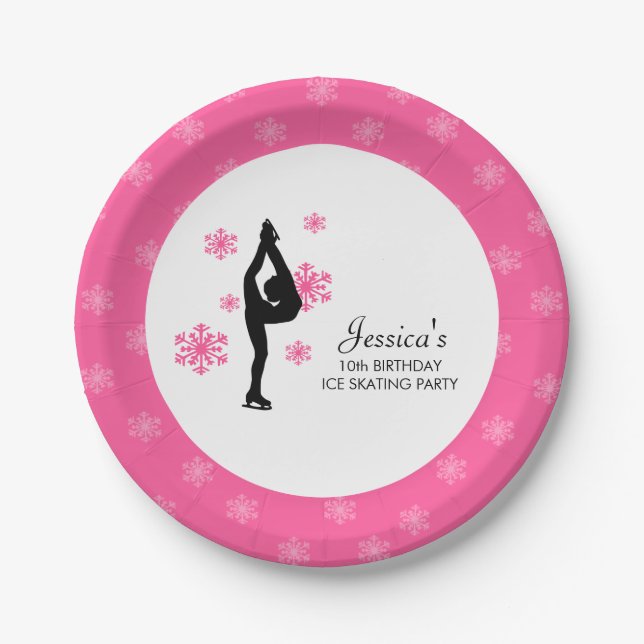 Pink Snowflakes Ice Skating Birthday Party Paper Plate (Front)