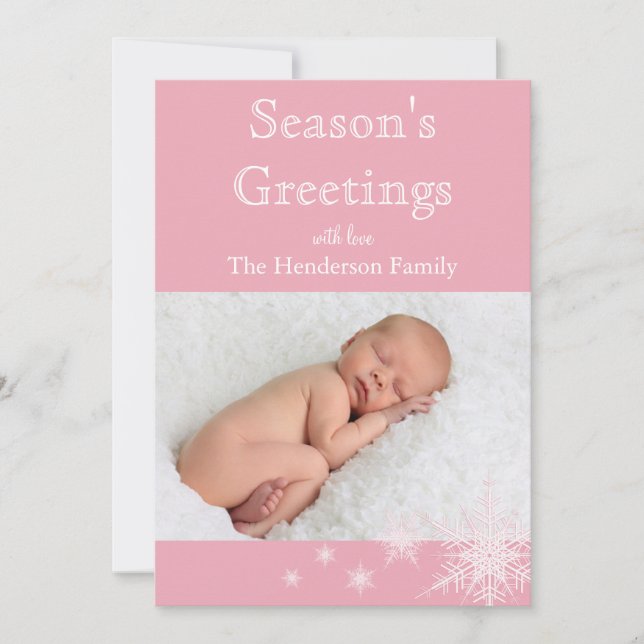 Pink Snowflakes Photo Holiday Card (Front)