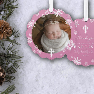 Pink Snowflakes Photo Winter Baptism Thank You Tree Decoration Card