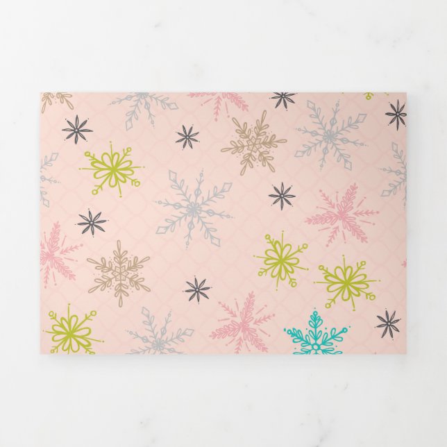 Pink Snowflakes Turquoise Lime Green Grey Tri-Fold Holiday Card (Cover)