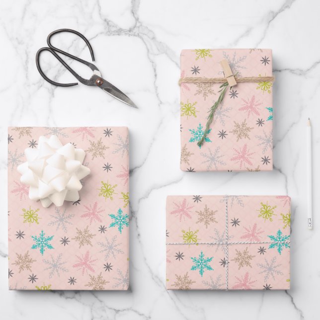 Pink Snowflakes Turquoise Lime Green Grey Wrapping Paper Sheet (Front)