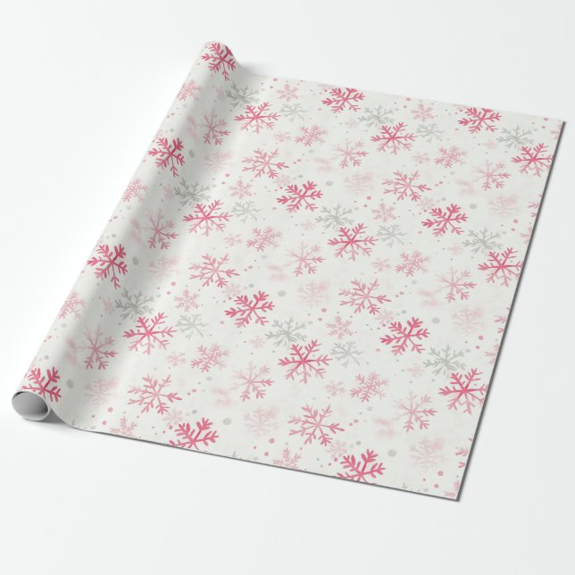 Pink Snowflakes Vintage Christmas Wrapping Paper (Unrolled)