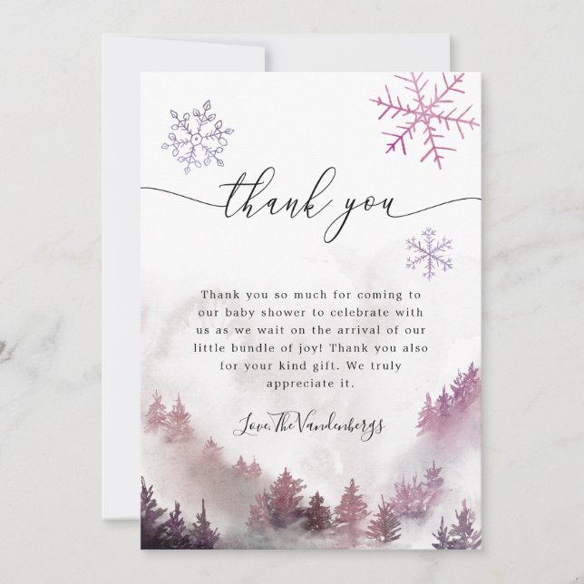 Pink Snowflakes Winter Baby Shower Thank You Card (Front)