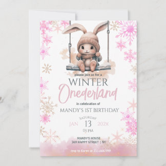 Pink Snowflakes Winter Onederland 1st Birthday Invitation