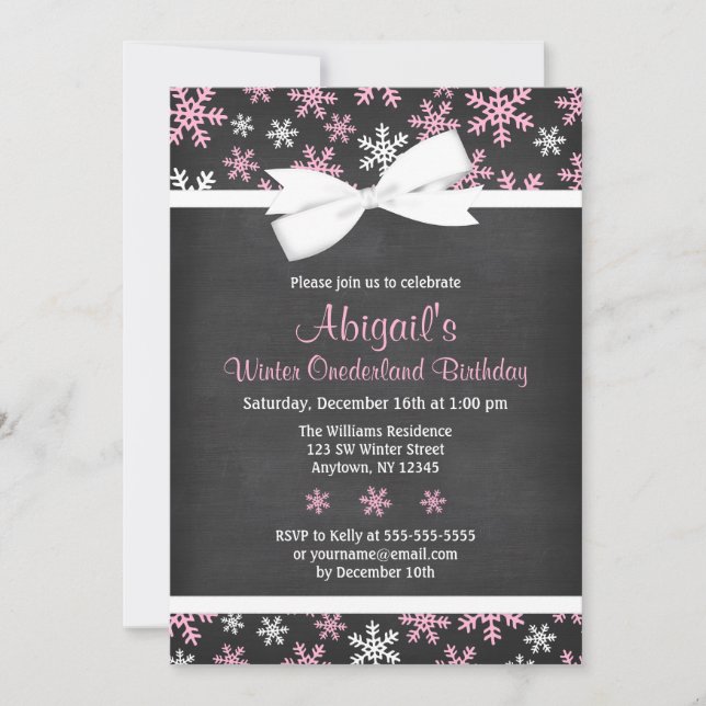 Pink Snowflakes Winter Onederland Chalkboard Bow Invitation (Front)