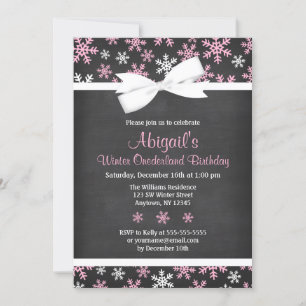Pink Snowflakes Winter Onederland Chalkboard Bow Invitation