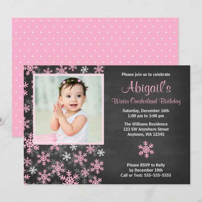Pink Snowflakes Winter Onederland Chalkboard Photo Invitation (Front/Back)