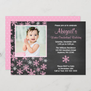 Pink Snowflakes Winter Onederland Chalkboard Photo Invitation