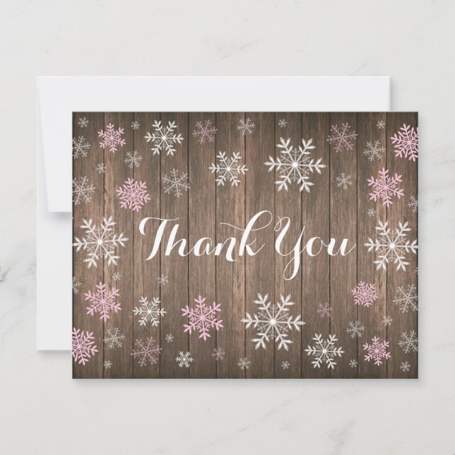 Pink Snowflakes Winter Rustic Wood Thank You Card (Front)