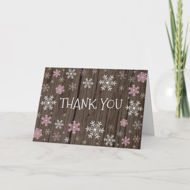 Pink Snowflakes Winter rustic wood Thank You Card (Front)