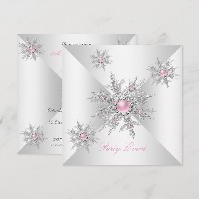 Pink Snowflakes Winter Wonderland Party Invitation (Front/Back)