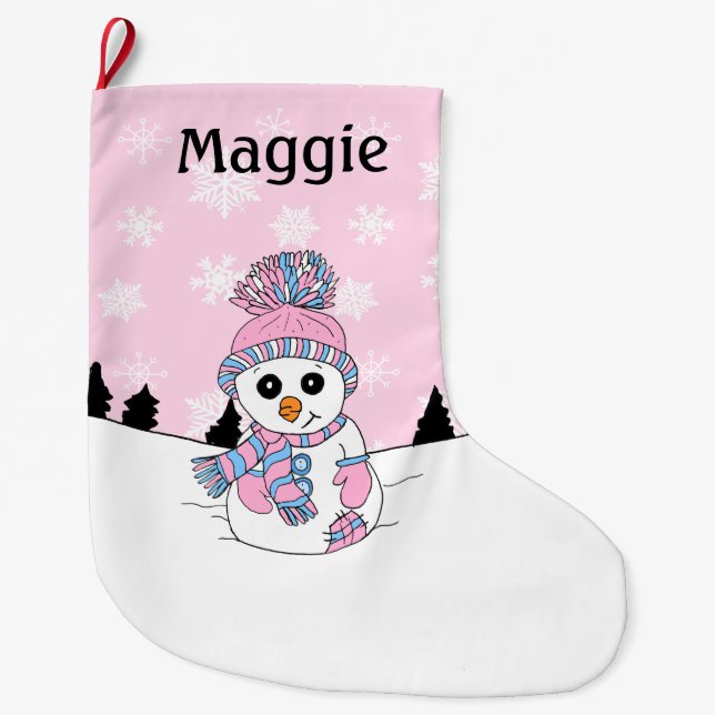 Pink Snowman and Snowflakes Personalised  Large Christmas Stocking (Front)